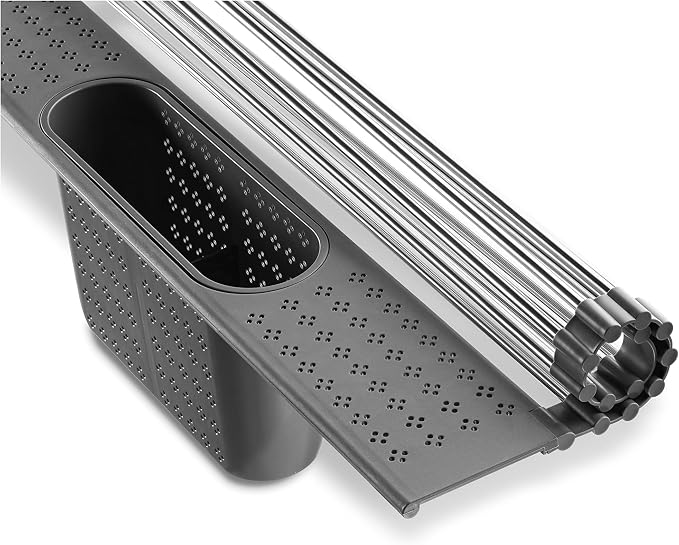 edge Roll Up Dish Drainer, Over The Sink Multi-Purpose Foldable Drying Rack with Caddy, Gray, Medium- 17.3"x11"