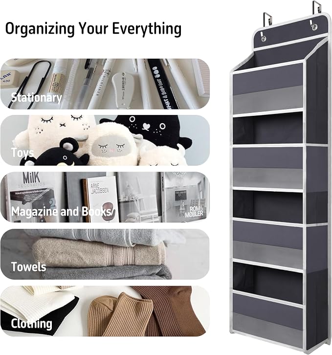 TYMENSH Gray Over Door Organizer with 4 Large Clear Pockets, Neutral Hanging Door Storage for Closet, Bathroom, Bedroom, Dorm, Nursery, Toys, Toiletries, Baby Essentials