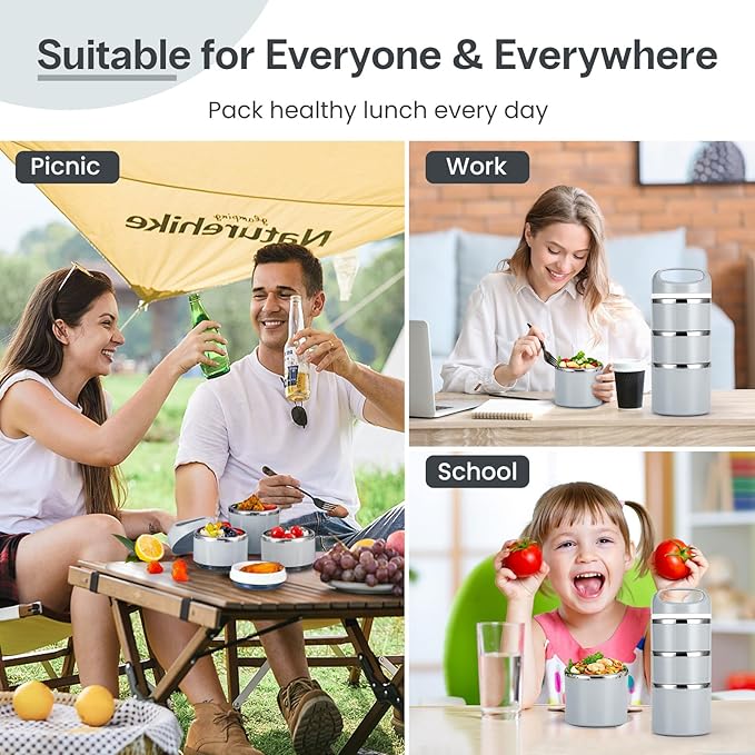 Lille Home Stackable Stainless Steel Thermal Compartment Lunch/Snack Box, 3-Tier Insulated Bento/Food Container with Lunch Bag and Three Extra Seals, 43OZ (Gray)