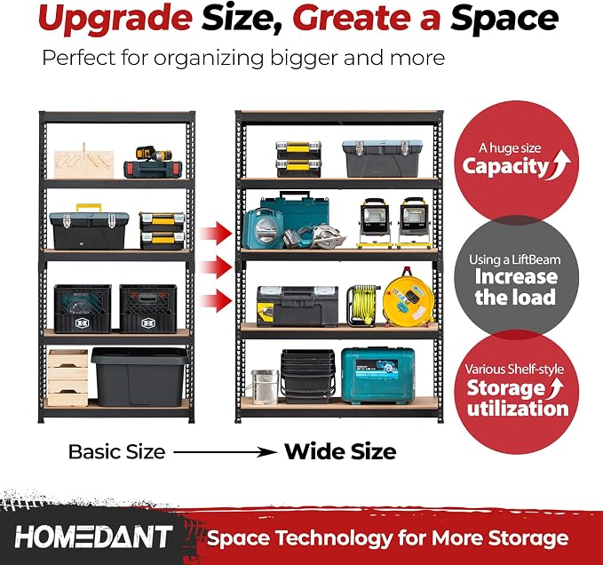 HOMEDANT 47.7" W Deep 5 Tier Heavy Duty Garage Shelving Adjustable Metal Rack Storage Shelves Standing Shelf Unit Organizers Industrial Warehouse Basement Black 2Pack