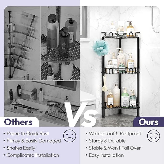 SWTYMIKI Standing Shower Caddy Corner - 3‑Tier Stainless Steel Shower Organizer Shelf with 12 Hooks and Adhesive Pads, Rustproof Corner Shelves Stand Rack for Bathroom Shower Room, Black