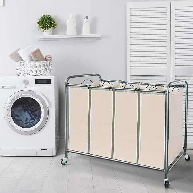 STORAGE MANIAC Laundry Sorter 4 Section, 47.5 Gal (180 L) Laundry Hamper with Wheels, Clothes Divider Basket Sorter, Separator Hamper Cart with Removable Bags, Beige