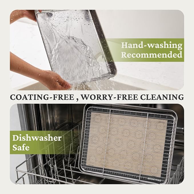 BRONYPRO 18/8 Stainless Steel Baking Sheet Set (2 Pans + 2 Mats+ 2 Racks) | Uncoated Cookie Sheets with Wire Rack & Macaron Silicone Mats, Non-Toxic (PFOA & PTFE Free), 16 In Jelly Roll Trays for Oven