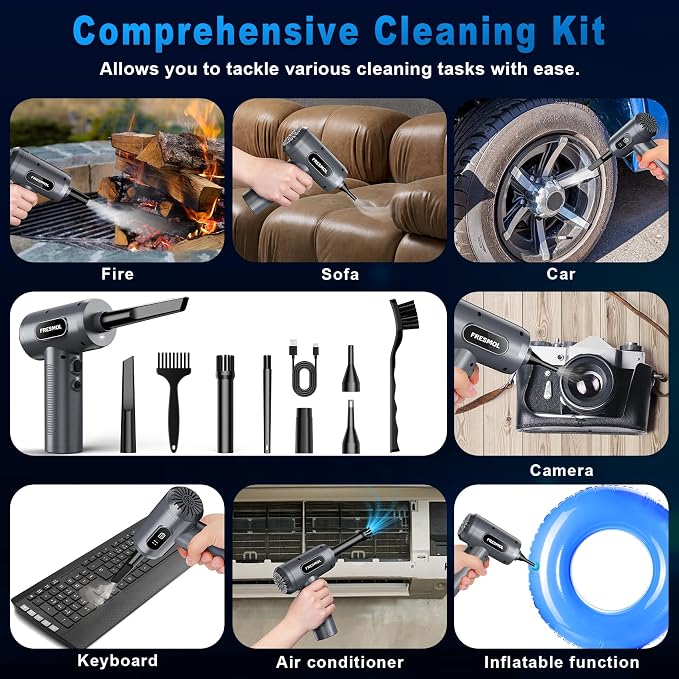 FRESMOL Compressed Air Duster, Rechargeable Cordless Electric Air Blower | 3-Gear Adjustable, 100000RPM, Smart LED Display, LED Light, Keyboard, PC, Car, Home Cleaning, Replaces Canned Air, Grey