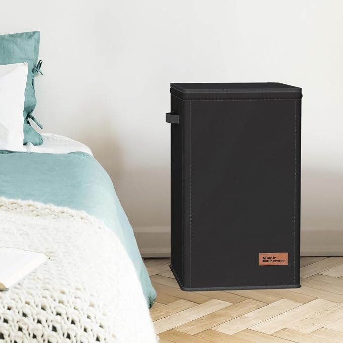 Simple Houseware Foldable Laundry Hamper Basket with Lid and Bag, Black | Heavy Duty 600D Polyester, Water-Resistant Surface