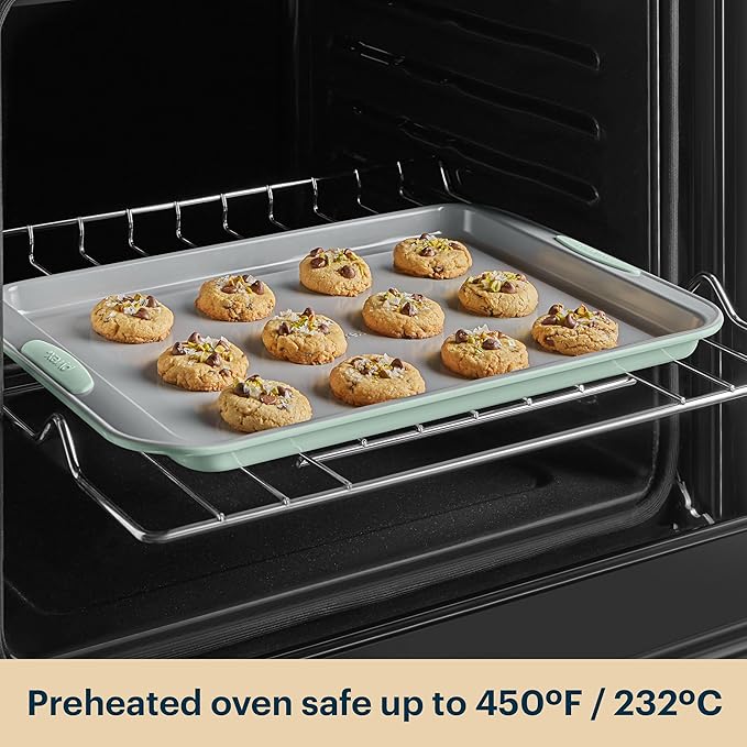 Pyrex 8-Piece Metal Bakeware Set, Lightweight Stainless Steel Baking Trays with Heatsafe Silicone Handles, Cookie & Muffin Sheets, Round/Square Baking Pans, Sage