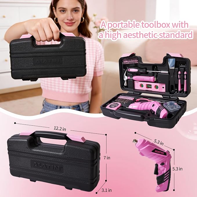 Pink Tool Set for Women,40-Pc Drill Set with Tool Box,Complete Home DIY Kit for Beginners, Crafting & Quick Fixes