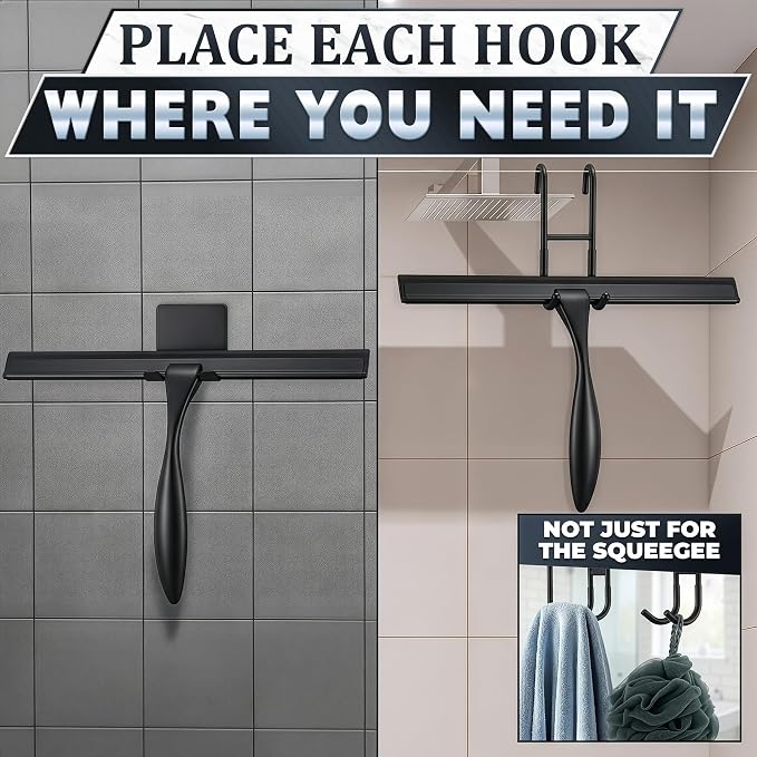 12 Inch Shower Door Squeegee - Black Shower Squeegee for Streak-Free Bathroom Glass - Stainless Steel Cleaner with Silicone Blade, Adhesive & Hanging Hooks for Mirror, Tile, Window, Car, Everyday Use
