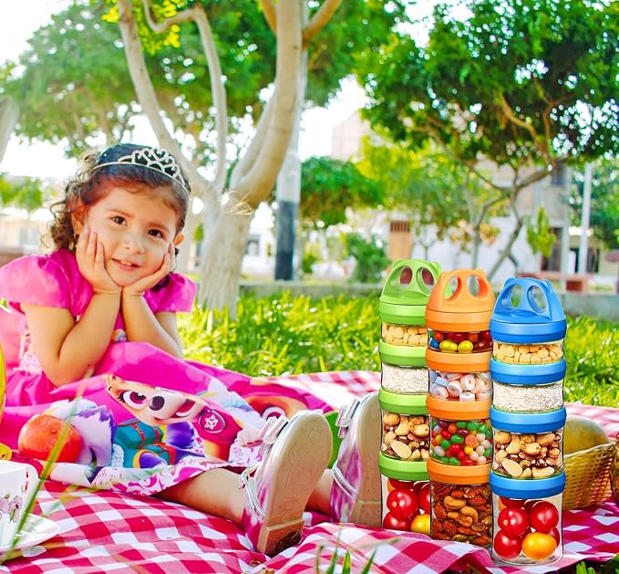 SELEWARE Stackable Snack Containers for Kids Toddlers, Blue Green & Orange | Portable Food Storage Containers for Snacks Formula Powder Drinks and Travel, Twist Lock System Airtight Leak-proof BPA Free