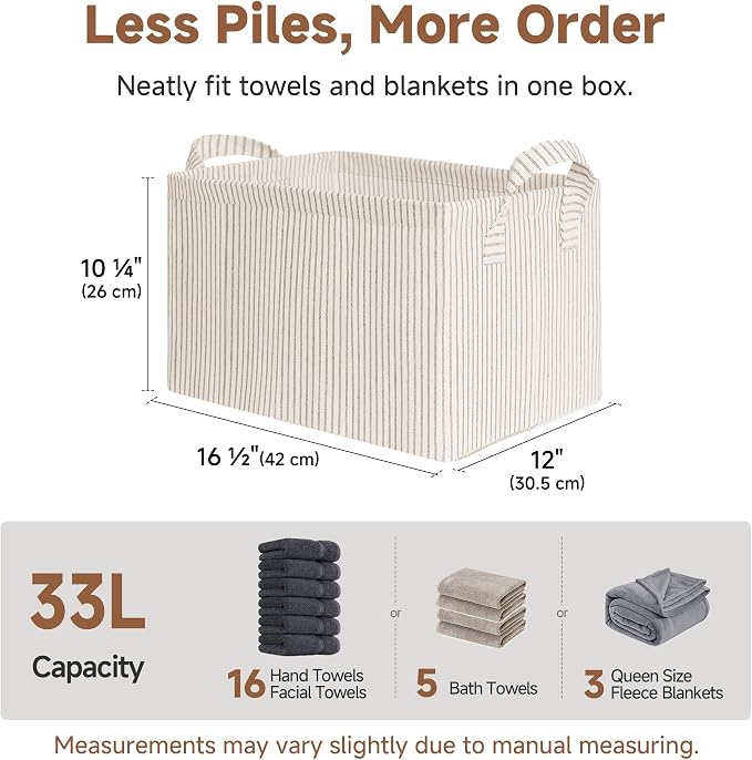 StorageWorks Storage Bins, Fabric Storage Bins for Shelves, Large Storage Baskets with Metal Frame, Closet Baskets and Bins with Handles, Khaki and Beige Stripes, 2-Pack