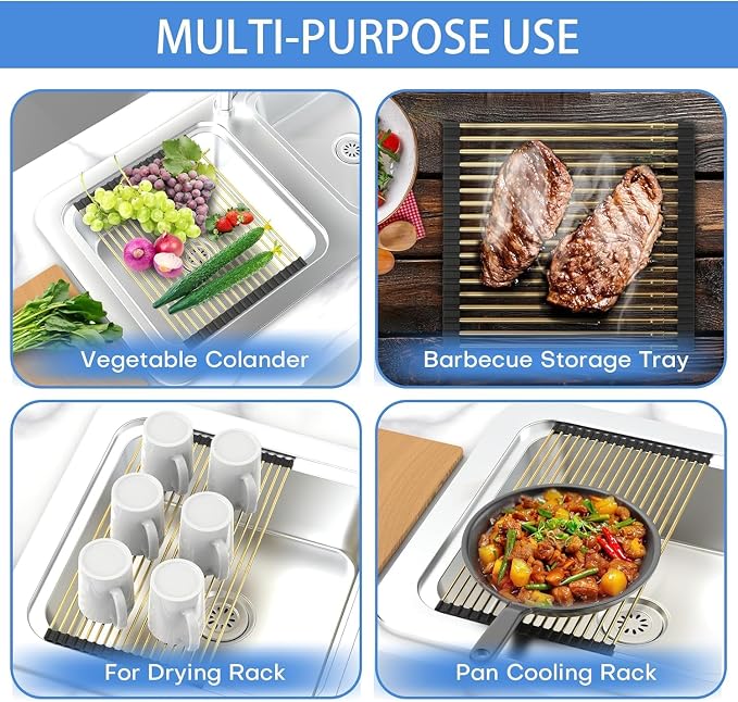 Expandable Roll Up Dish Drying Rack, Adjustable Large Over The Sink Rack Draining Rack (Max Extends to 21.26”) for Stainless Steel Sink Rack, Collapsible Rolling Up Rack 18 Tube for Kitchen, Gold