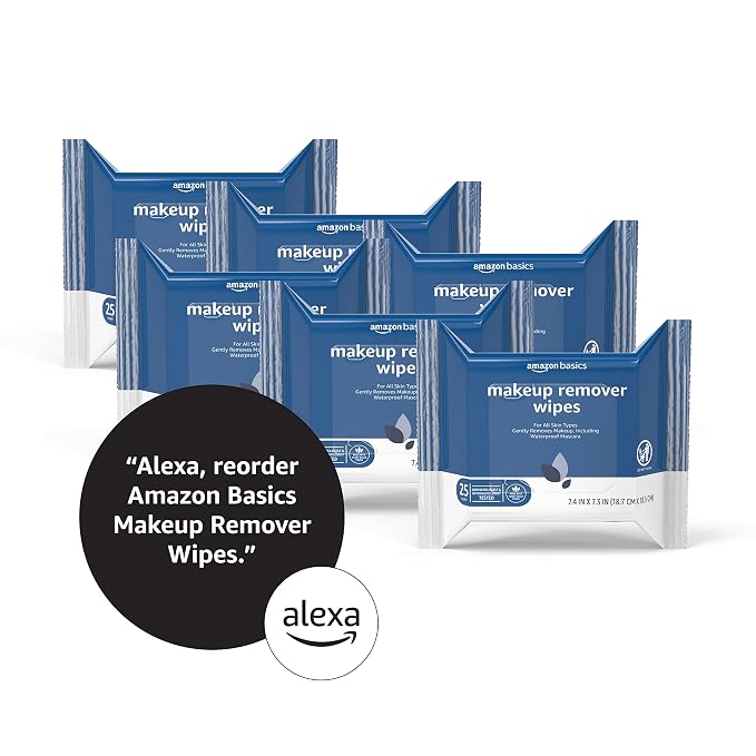 Amazon Basics Makeup Remover Wipes, Gentle Cleansing, Dermatologist Tested, Original, Plant Based, Alcohol-Free, Removes Waterproof Mascara, pH Balanced, 25 Count, 6-Pack