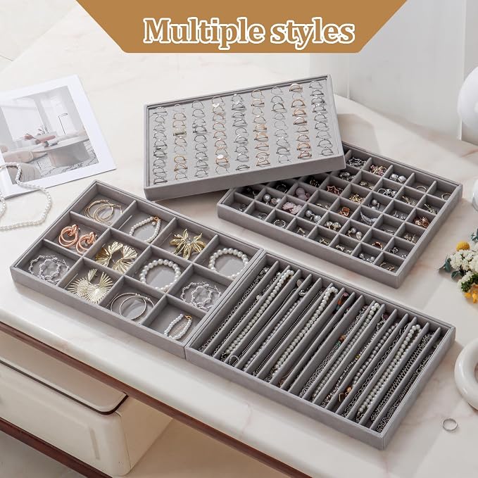Large Velvet Jewelry Tray 2 Pack Stackable Jewelry Display Drawer Inserts Trays Organizer for Earring Bracelet Necklace Ring (Gray, 12 Grids+24 Grids)