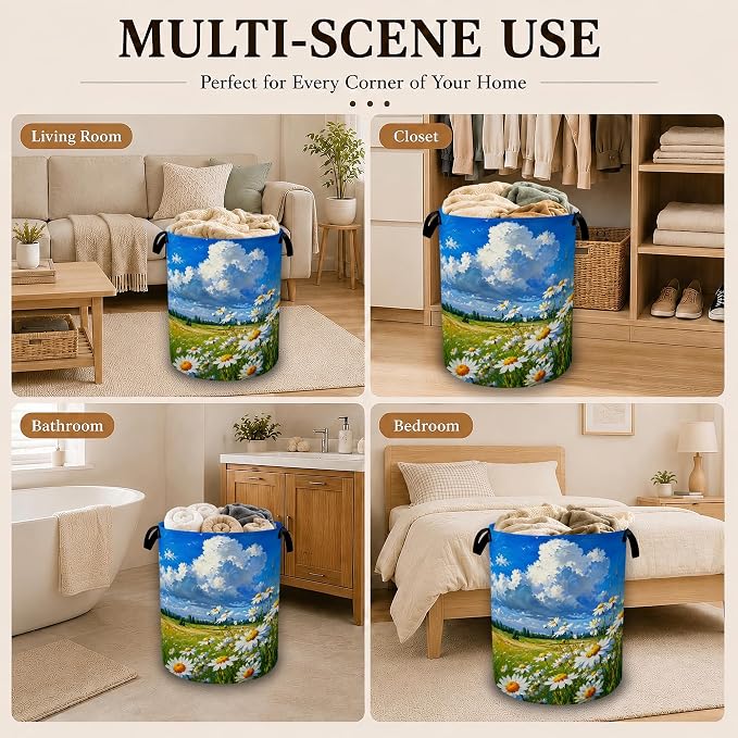 Sunny Daisy Meadow Laundry Basket with Handles, Foldable Tall Oxford Clothes Hamper, Lightweight Water-Resistant Storage Bin for Bedroom Bathroom College Dorm, 16 x 20.8 Inch