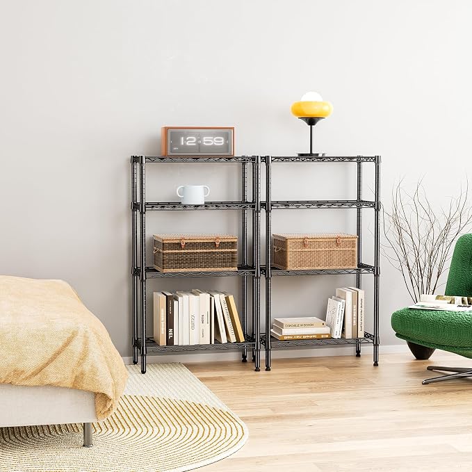 IZEUK 4 Tier Steel Storage Shelves, Heavy Duty Metal Shelf Wire Shelving Rack for Pantry, Kitchen, Living Room, or Office Organization (11.8" D x 25.6" W x 45.5" H, 1000LBS, Black)