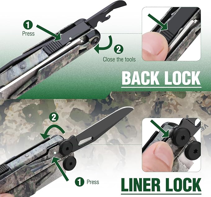 FLISSA 15-in-1 EDC Multitool Pliers with Sheath, Pocket Knife | Stainless Steel with Knife, Saw and Screwdrivers. Nylon Carry Case for Camping Fishing Survival, EDC Gear, Camo Finish