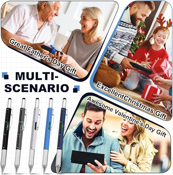 Zhanmai 16 Pcs 6 in 1 Multitool Pen Bulk Gift for Men Multi Tool Pen with Ruler Level Screwdriver Stylus Cool 40 Ink Refill Tool Gadget Birthday Christmas Stocking Stuffers (Black Gray Silver Blue)