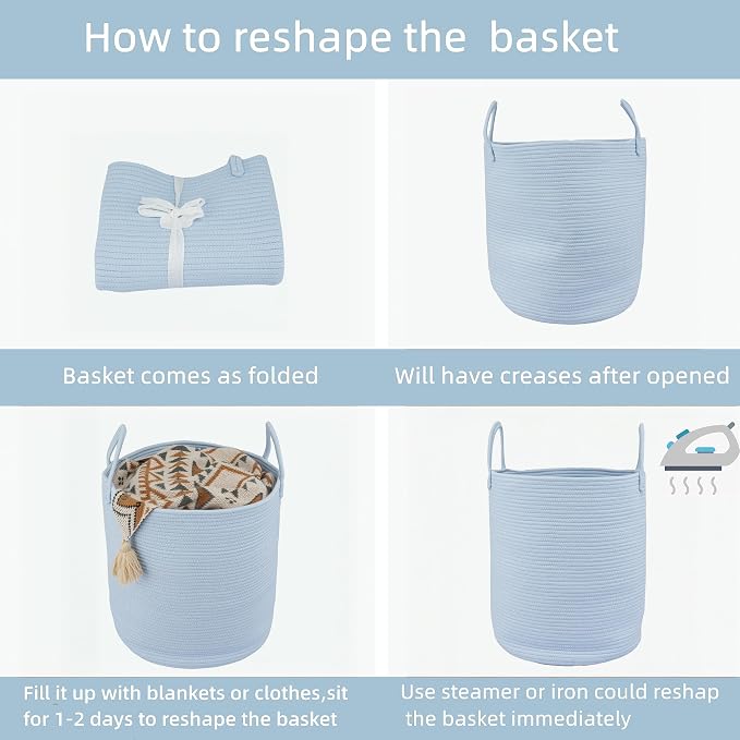 XUANGUO Cotton Rope Laundry Basket Hamper for Clothes, large light blue | Woven Storage Basket for Living Room Bedroom Boho Tall Rope Baskets for Blanket Toys Pillow Towels Baby Nursery Hamper Bin