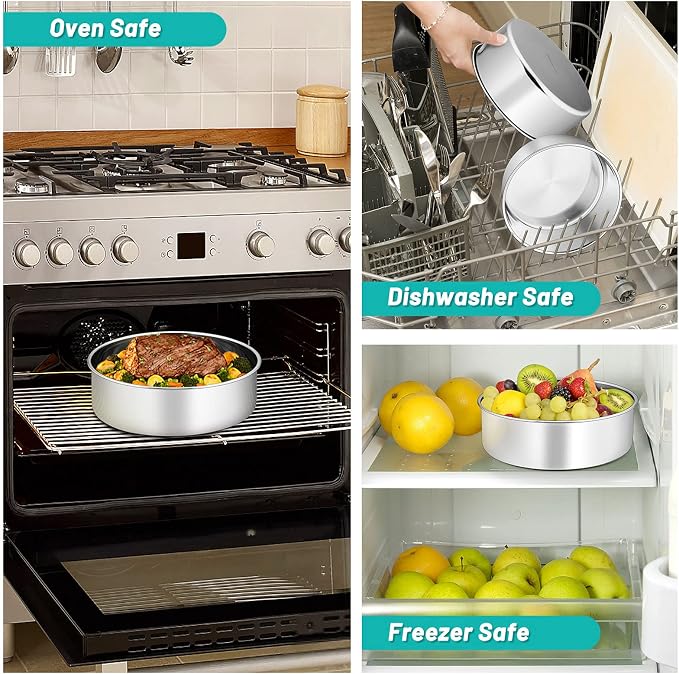 TeamFar Round Cake Pan, 8’’ x 3’’ Stainless Steel Deep Baking Roasting Cake Pan for Birthday Party Wedding, Non-Toxic & Heavy Duty, Deep & Straight Wall, Mirror Finish & Dishwasher Safe