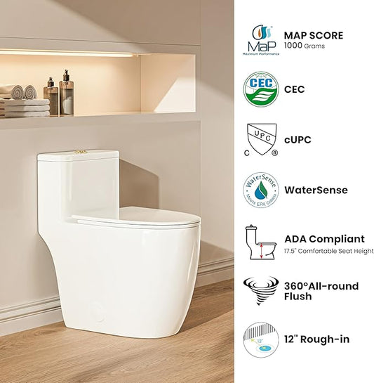 Casta Diva Elongated One Piece Toilet with 17.5" Comfort Chair Height Seat Modern Toilets for Bathroom, High Efficiency Dual Flush 1.0/1.28 GPF & MAP 1000g, 12'' Rough-in, Golden Flush Button