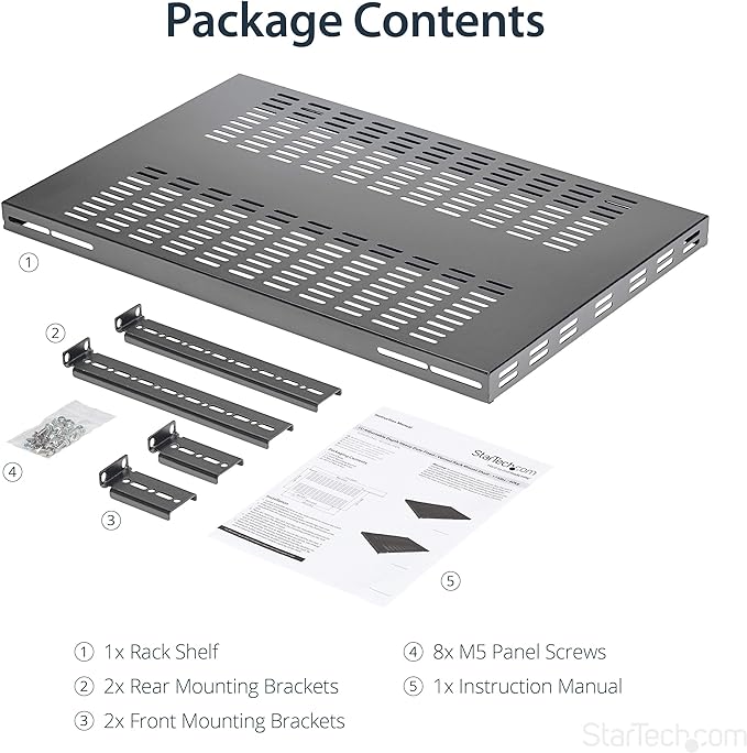 StarTech.com 1U 4-Post Adjustable Vented Server Rack Mount Shelf - 330lbs(150 kg) - 19.5 to 38in Adjustable Mounting Depth Universal Tray 19" AV/ Network Equipment Rack - 27.5in Deep (ADJSHELFHDV) | 19.5-38in adjustable mounting depth, 27.5in deep univ...