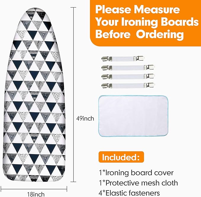 Ironing Board Cover and Pad, 18x49 Extra Wide Thick Iron Padding, Scorch & Stain Resistant Ironing board cover, Heavy Duty Iron Board Padded with Adjustable Fasteners Elastic Edge, Geometric Grey