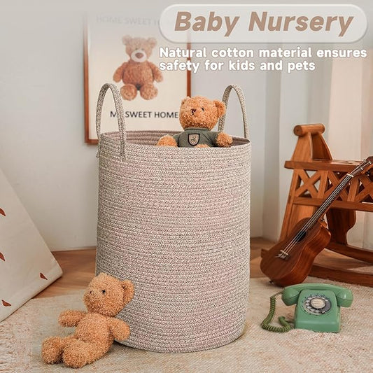 JMvicyroam Large Woven Laundry Basket Hamper,60L Cotton Rope Storage Bin for Blankets,Toys and Clothes,Decorative Tall Nursery Hamper for Living Room,Baby Nursery,Bathroom and Bedroom,Oatmeal