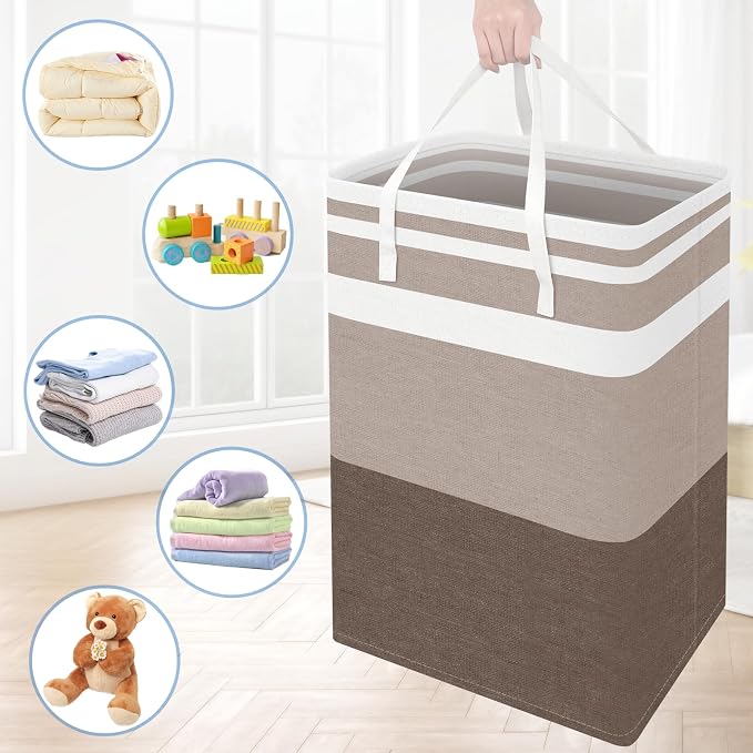 BlissTotes 3-Pack Laundry Basket, Collapsible Laundry Hamper, Khaki, 75L | Laundry Clothes Hamper, Hampers for Bedroom, Freestanding Hamper with Handles, Clothes Laundry Basket