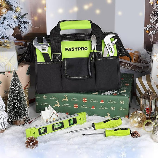 FASTPRO 215-Piece Home Repairing Tool Set with 12-Inch Wide Mouth Open Storage Bag, Household Hand Tool Kit, Green