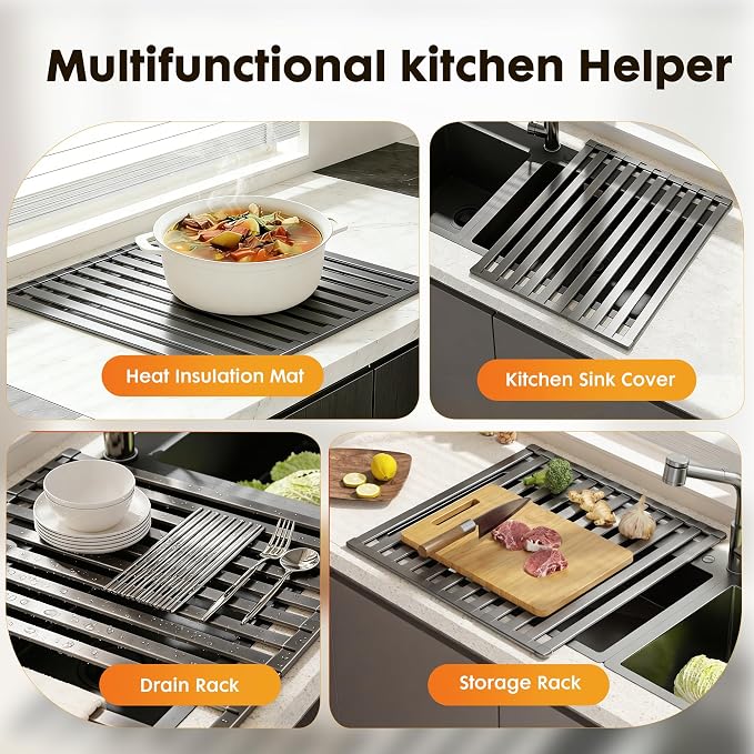 Foldable Over Sink Dish Drying Rack, Extra Wide & Thick Rust-Proof Aluminum Sink Cover for Counter Space, Collapsible Dish Drying Rack Fits Most Kitchen Sinks (Gray, 20.5“x13.6)