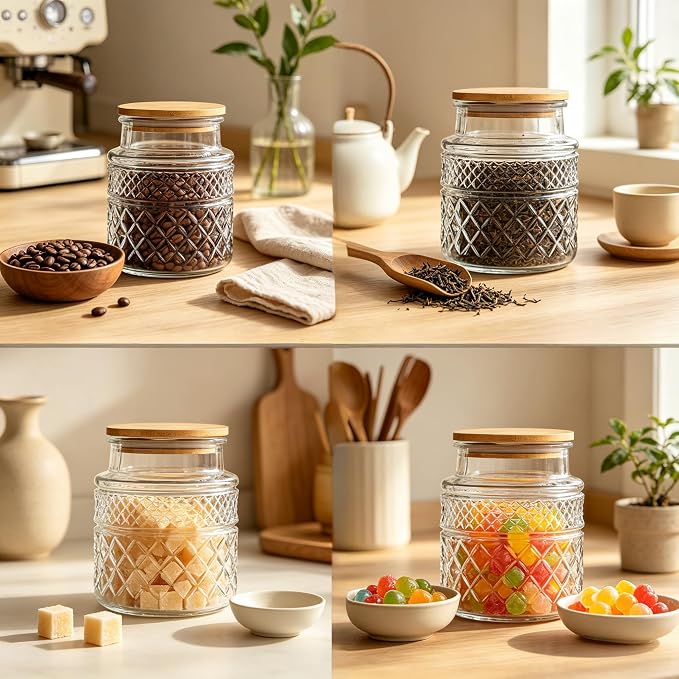 Prettidecor Glass Storage Jars, 38 FL OZ Airtight Canisters with Bamboo Lid, Decorative Kitchen Containers for Cereal, Nuts, Snacks, Candy, Cookies, Coffee, Tea