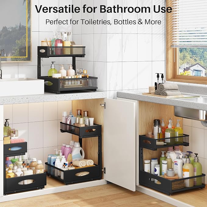 Under Sink Organizer, 2 Tier Pull Out Under Cabinet Organizer Shelf with Pad for Framed Cabinets, Metal Slide Out Under Sink Storage, Mesh Sliding Drawers for Kitchen Bathroom Laundry(Black, 1 Pack)