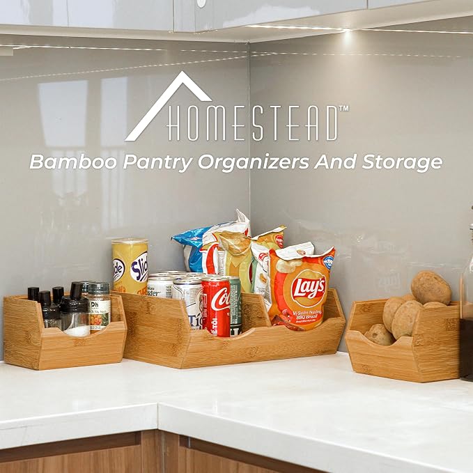 HOMESTEAD Bamboo Pantry Storage Bins β Stackable Potato & Onion Storage Bin for Kitchen Countertop, Pantry Organizer, Fruit Vegetable Basket, Multiuse - Set of 3 Slide-Out Access