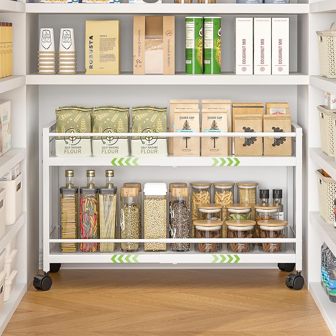 1 Pack 2-Tier Expandable Pantry Floor Organizer Cart, Rolling Pantry Storage Cart with Wheel, Adjustable Can Organizer for Kitchen Pantry, Pantry Shelves and Storage Rack for Snacks, Vegetables, White
