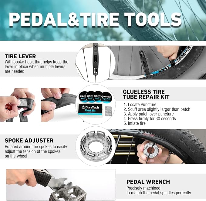 DURATECH 41 Pieces Bicycle Repair Tools, Bike Tools Kit with Storage Box | Mountain Bike Repair Tools, Chain Riveter, Tire Levers, Crank Puller