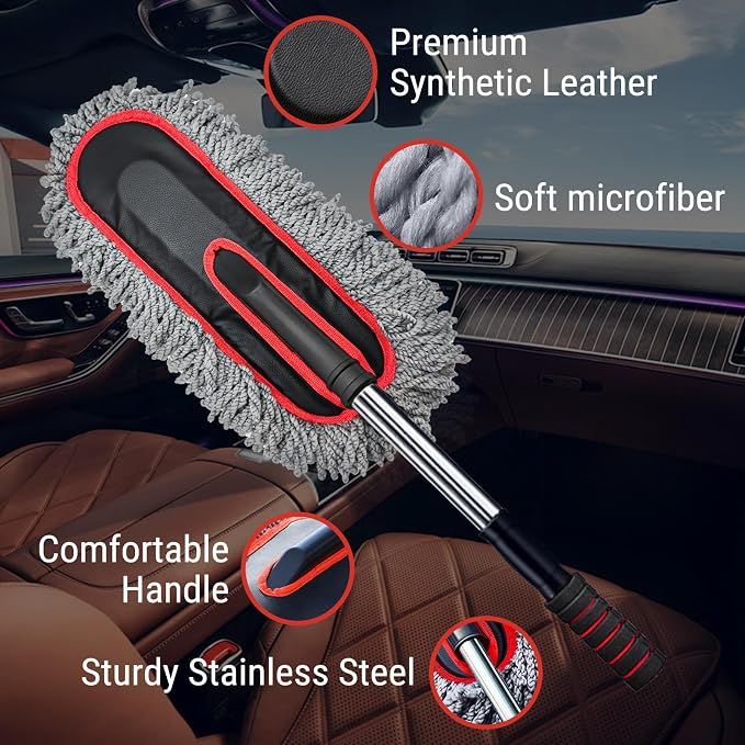 YeewayVeh 2-Pack Car Duster Kit, Microfiber Scratch-Free, Gray/Red | Exterior & Interior Dust Remover Brush for Vehicles and Home Cleaning