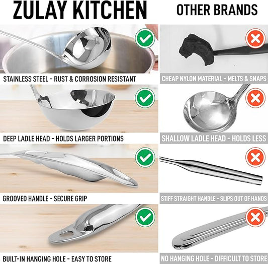 Zulay Kitchen Stainless Steel Soup Ladle - 13” Large Ladle for Soups, Stews & Sauces - Durable, Heat-Resistant, Rust-Proof & Dishwasher Safe Kitchen Utensil with Ergonomic Handle