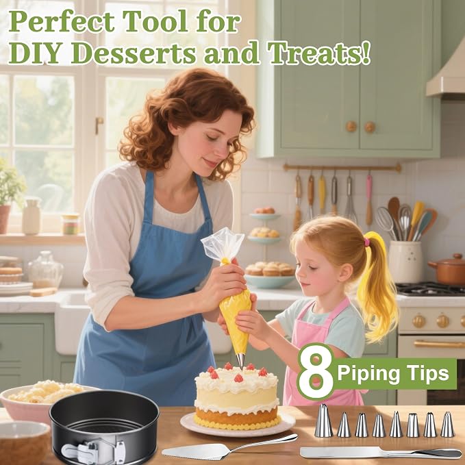 139PCS Springform Cake Pan Set - 4 Non-stick Cheesecake Pans(4/7/9/10-Inch) + Cake Decorating Supplies: Parchment Paper, Pastry Bags and Tips, Icing Scrapers, Cake Cutting Set & More