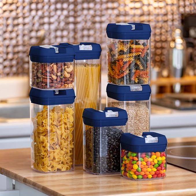 Set of 7 Airtight Food Storage Containers - Pantry Organizer Bins, BPA Free Plastic Containers plus Dry Erase Marker and Labels, Navy Blue