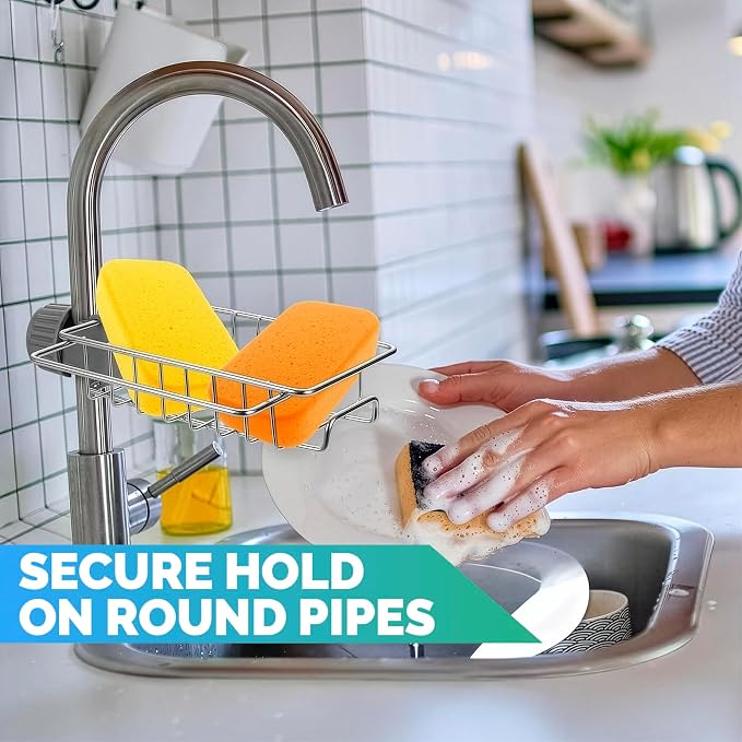Kitchen Sink Faucet Organizer - 360° Rotating Rust-Resistant Caddy for Dish Sponge & Soap - 6.77" x 5.32" x 1.73" Stainless Steel Sponge Holder for Kitchen Sink Around Faucet, Fits 0.59-1.18 in Pipes