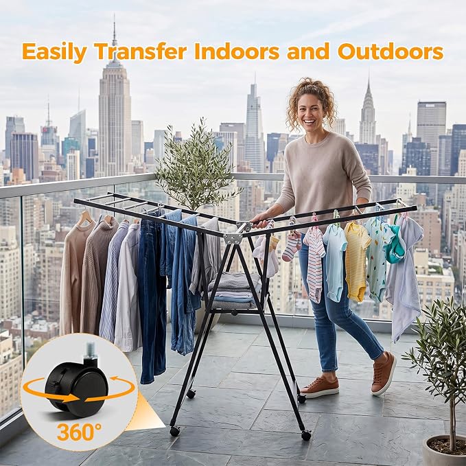 Clothes Rack, 2-Tier Drying Hanger, for 20 Pieces+, Foldable and Space Saving, Portable, Indoor or Outdoor Use, Solid Metal Clotheshorse, Nice for Mum, Gray(1.7 m Wing Length)