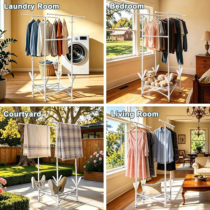 Portable Foldable Clothes Drying Rack - Adjustable Double Extendable Rods (33.1” to 56.7”) -Portable Coat Rack for Travel, Camping, Drying, RV, Indoor, Outdoor, Easy Assemble(White