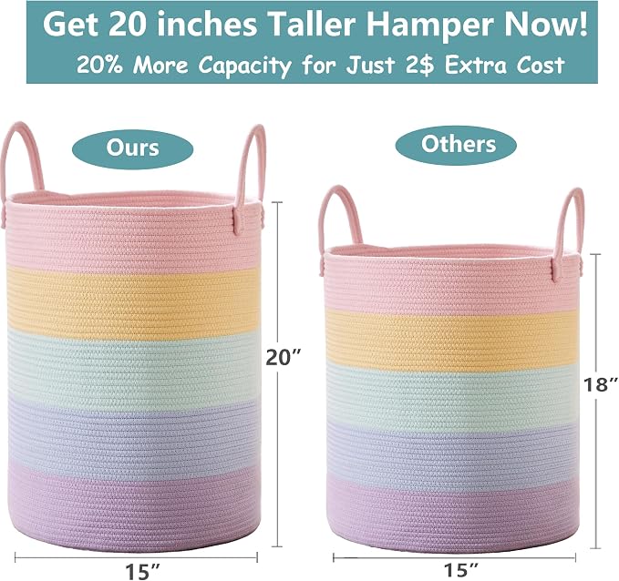 60L Laundry Hamper Basket for Girls Kids Baby Nursery, Rainbow | Large Woven Clothes Hamper for Living Room Girls Room Boho Tall Rope Baskets for Blankets Toys in Playroom Bedroom, 15Dx20H