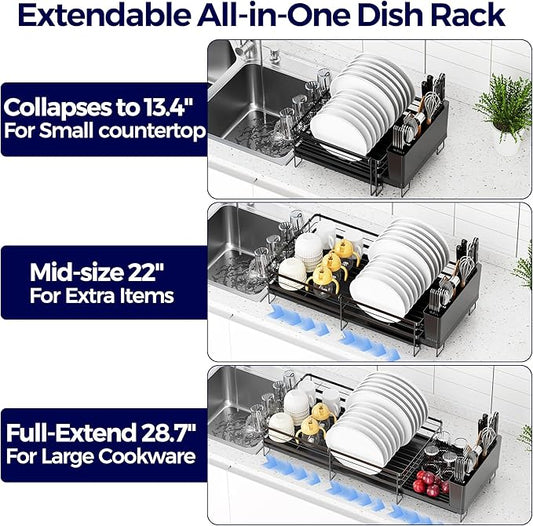 Large Dish Drying Rack, Expandable Dish Rack for Kitchen Counter, Dish Drainer with Drainboard Set, Multifunctional Dishrack with Utensil & Cup Holder, 13.4"-28.7" L x 11.8" W x 7.8" H, Black
