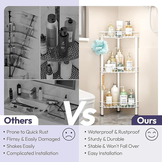 SWTYMIKI Standing Shower Caddy Corner - 3‑Tier Stainless Steel Shower Organizer Shelf with 12 Hooks and Adhesive Pads, Rustproof Corner Shelves Stand Rack for Bathroom Shower Room, white