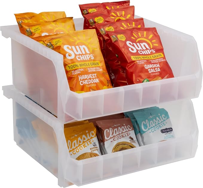 ReadySpace Extra Large Plastic Storage Bins, Stackable Organizer Containers for Closet Pantry Shelf Garage and Office Organization, Clear, 4 Pack | Open-Front Stackable Bins For Garage, Pantry, Closet & Office, 14,8"L X 16,5"W X 7"H, Nests When Empty, ...