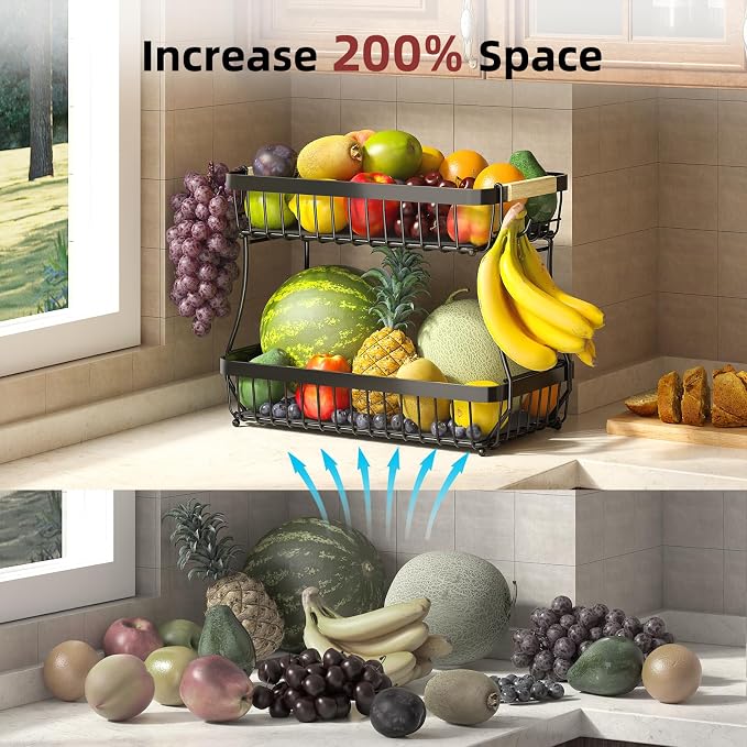 Sevenblue 2-Tier Fruit Basket with Banana Hangers, Detachable Metal Bowl | Wooden handle, protective mats included. Versatile holder for bread, snacks, and veggies. 2-Pack 2 tier metal design.