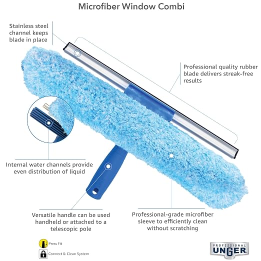 Unger Professional 2-in-1 Squeegee & Scrubber - 10” Window Cleaning Tool – Cleaning Supplies, Squeegee for Window Cleaning, Commercial & Residential Use, Microfiber Sleeve