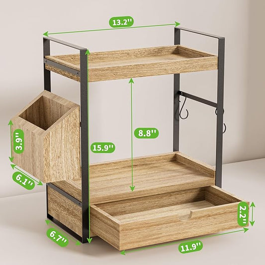 2-Tier Bathroom Counter Organizer with Drawer and Basket, Wood Countertop Organizer for Storage, Skincare Organizers for Vanity, Counter Shelf for Bathroom Organization