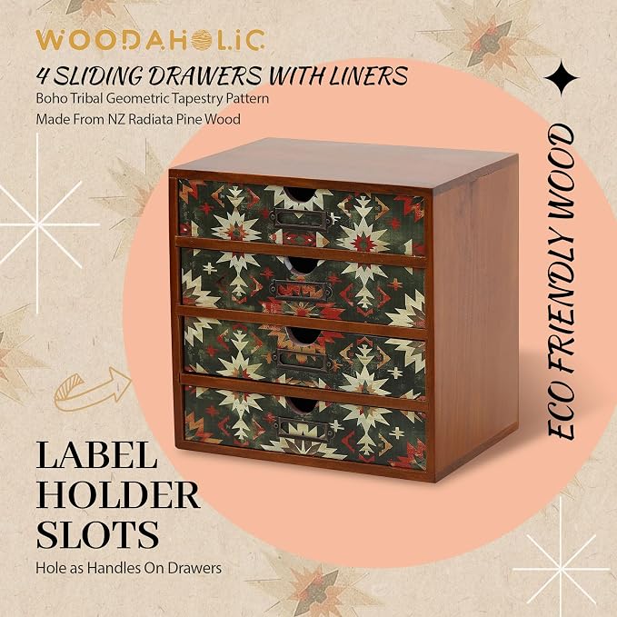 Boho Green Wooden Desk Organizer with Drawers – 4-Drawer Desktop Storage Box – Rustic Tribal Wood Desk Organizer for Office, Vanity, or Craft Supplies – Compact & Stylish Wooden Storage Drawers